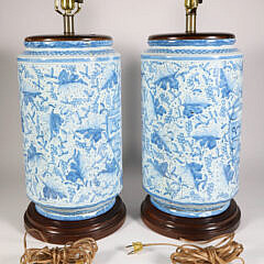 Pair of Antique Portuguese Blue and White Ceramic Flower Containers Mounted as Lamps