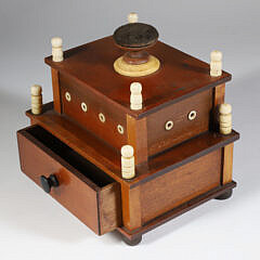Step Down Sewing Box with Bone Finials and Thread Holes, 19th Century