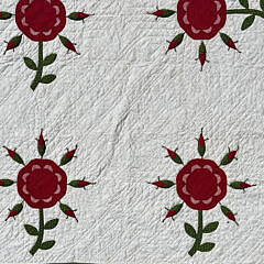 Very Fine Red and Green Floral Applique and Trapunto Quilt, Mid 19th Century