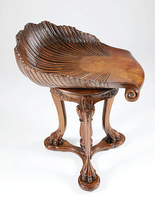 Finely Carved Walnut Ventetian Grotto Piano Stool, 19th Century