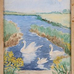 Two Anne Mellin Watercolors on Paper Titled “Happy Family” and “Old South Wharf”