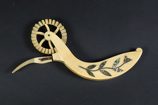 Antique Whale Ivory Abalone Inlaid Pie Crimper, 19th Century
