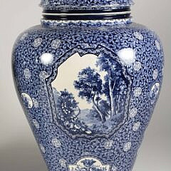 Pair of Antique Flamand Blue and White Transferware Covered Jars