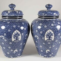 Pair of Antique Flamand Blue and White Transferware Covered Jars