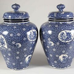 Pair of Antique Flamand Blue and White Transferware Covered Jars