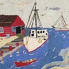 Antique Pictorial Fishermans Wharf Hooked Rug Carpet, circa 1920s
