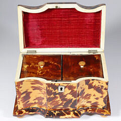 British Regency Antique Tortoiseshell Serpentine Front Double Compartment Tea Caddy, circa 1820