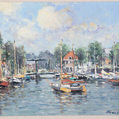 Nicolaas Van Der Plas Oil on Board “Haven Van Medimblik Harbor Scene”