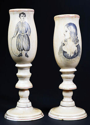 Pair of Scrimshaw Whale Ivory Pedestal Cups, 19th Century