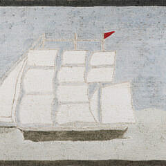 Antique Framed 3-Masted Ship Hooked Rug