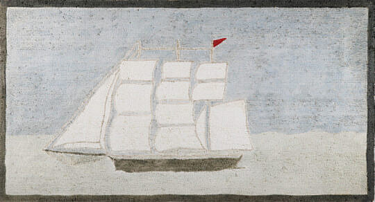 Antique Framed 3-Masted Ship Hooked Rug