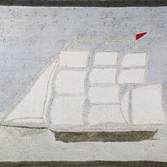 Antique Framed 3-Masted Ship Hooked Rug