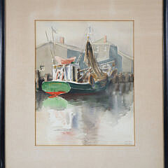 Doris and Richard Beer Watercolor on Paper “Green Hulled Fishing Boat Docked”