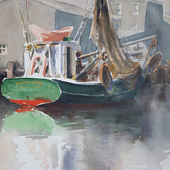 Doris and Richard Beer Watercolor on Paper “Green Hulled Fishing Boat Docked”