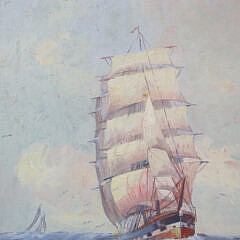 Oil on Board View of a Three Masted Ship at Full Sail