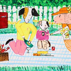 American Folk Art Oil on Canvas, “Picnic at Daffodil”, circa 2004