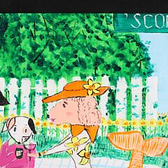 American Folk Art Oil on Canvas, “Picnic at Daffodil”, circa 2004