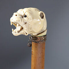 English Carved Vicious Dog Grip Walking Stick, circa 1880