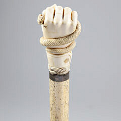Whaler Made Clenched Fist with Snake Walking Stick, mid 19th Century