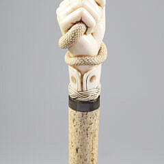 Whaler Made Clenched Fist with Snake Walking Stick, mid 19th Century