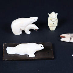 Group of Six Inuit Bone and Antique Walrus Ivory Animals and Figures, 19th / 20th Century