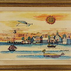 John Lochtefeld (1933-2025) Mixed Media on Board  “Nantucket Harbor Sunrise”