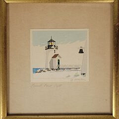 Scarce Doris and Richard Beer Miniature Nantucket Watercolor “Brant Point Light”