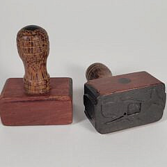 Two Carved Tropical Wood Logbook Whale & Coffin Stamps