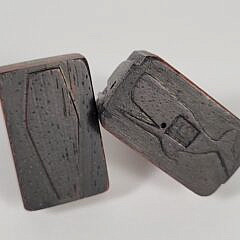 Two Carved Tropical Wood Logbook Whale & Coffin Stamps