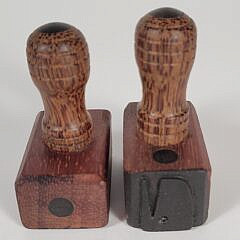 Two Carved Tropical Wood Logbook Whale & Coffin Stamps