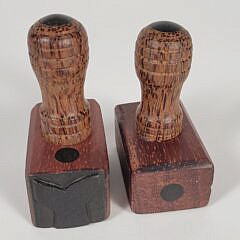 Two Carved Tropical Wood Logbook Whale & Coffin Stamps