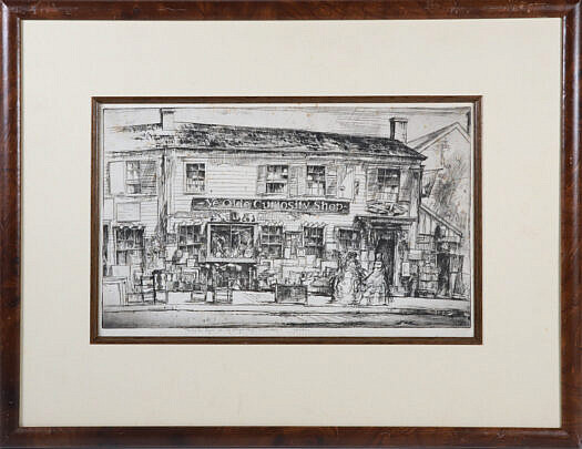 Framed Engraving Of Old Nantucket Antiques Store "Ye Olde Curiosity Shop"