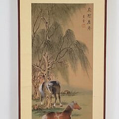 Fine Antique Chinese Watercolor Hanging Scroll Portrait Horses and Trees