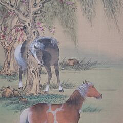 Fine Antique Chinese Watercolor Hanging Scroll Portrait Horses and Trees