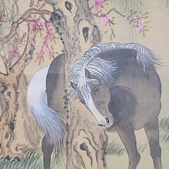Fine Antique Chinese Watercolor Hanging Scroll Portrait Horses and Trees