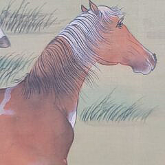 Fine Antique Chinese Watercolor Hanging Scroll Portrait Horses and Trees