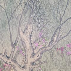 Fine Antique Chinese Watercolor Hanging Scroll Portrait Horses and Trees