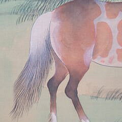 Fine Antique Chinese Watercolor Hanging Scroll Portrait Horses and Trees
