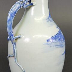 Antique Chinese Blue & White Porcelain Dragon Handle Bottle