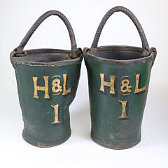 Pair Of Leather And Canvas Painted Fire Buckets, 19th Century