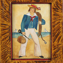2007 Judith Brinck Folk Art Watercolor Of A Sailor "Coming Ashore"
