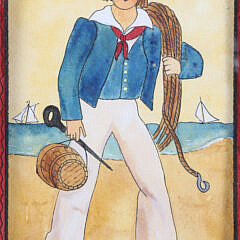 Judith Brinck Folk Art Watercolor of a Sailor “Coming Ashore”, circa 2007