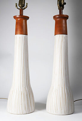 Pair Of Marshal Studios "Marks" Ceramic And Wood Lamps