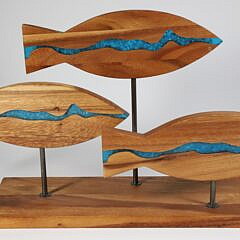 Contemporary "School Of Fish" Carved Wood And Epoxy Sculpture