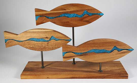 Contemporary "School Of Fish" Carved Wood And Epoxy Sculpture
