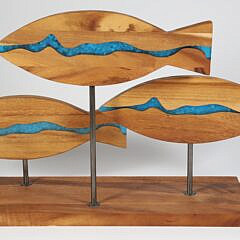 Contemporary “School of Fish” Carved Wood and Epoxy Sculpture
