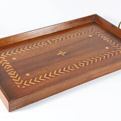 Vintage Mahogany Multi-wood Inlaid Serving Tray with Brass Handles