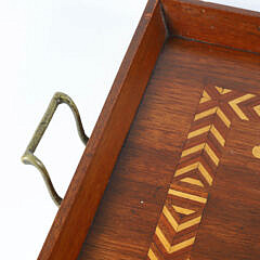Vintage Mahogany Multi-wood Inlaid Serving Tray with Brass Handles