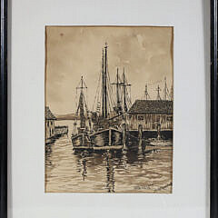 Nantucket Vintage Ink And Watercolor Harbor View