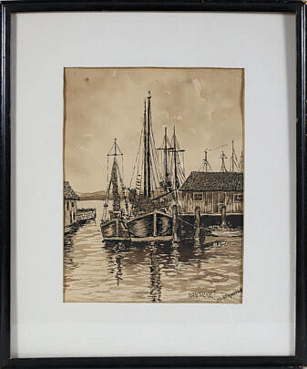 Nantucket Vintage Ink And Watercolor Harbor View